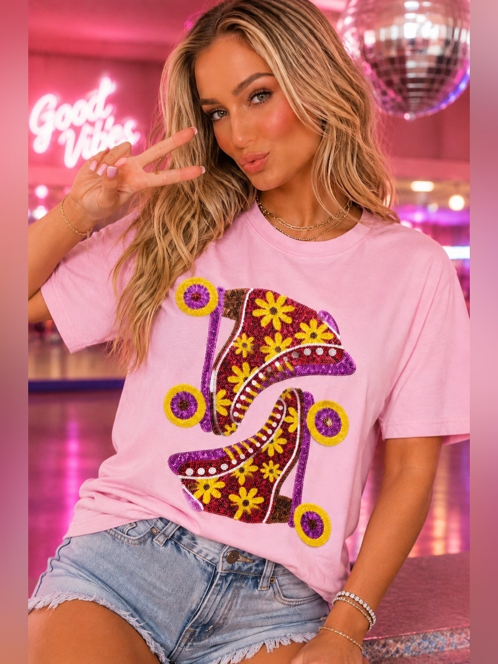 Groovy Baby Roller Skates Sequin Tee in Pink